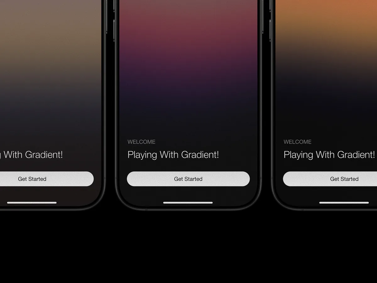Three onboarding screens with dark sunset gradients