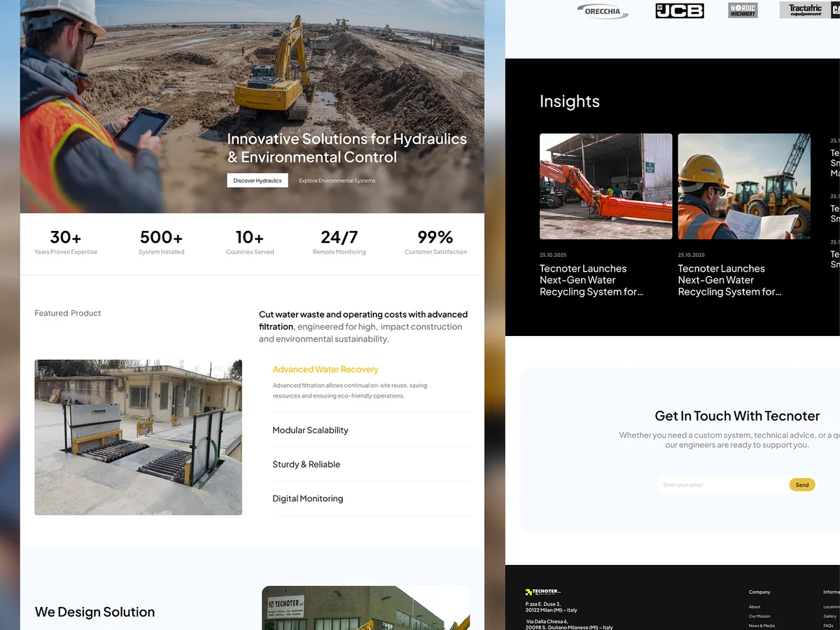 Engineering company homepage with excavator photography and stats