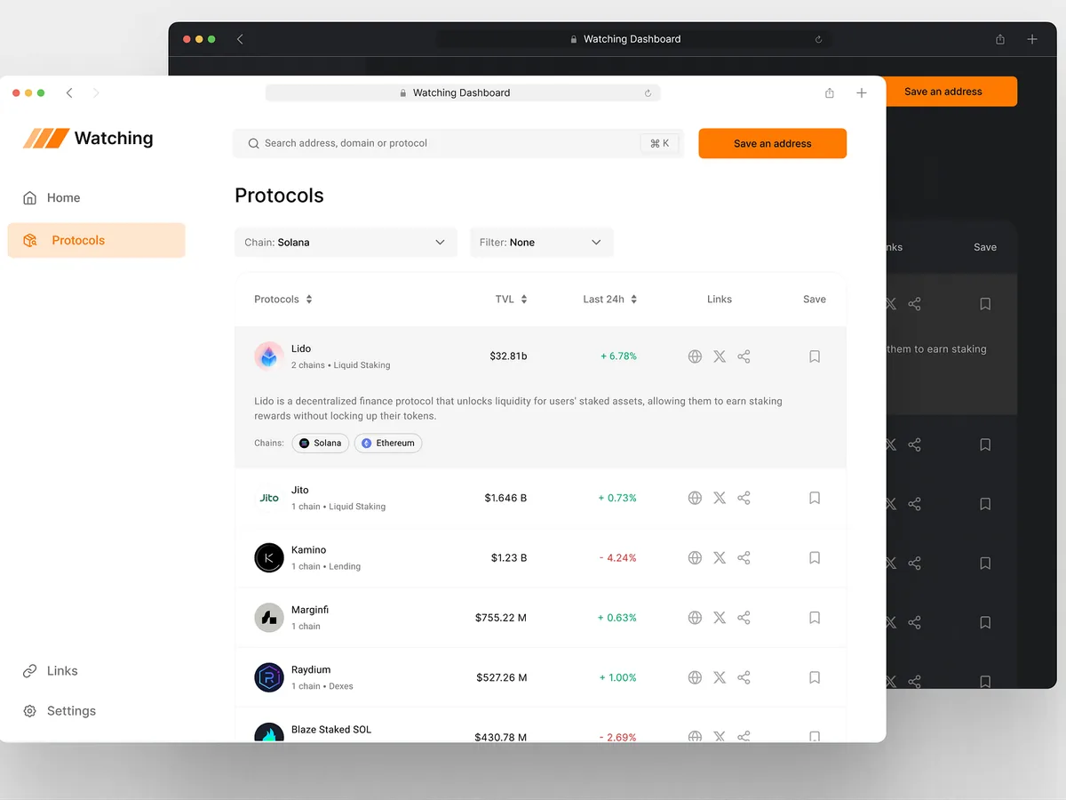 DeFi protocols dashboard in light and dark themes